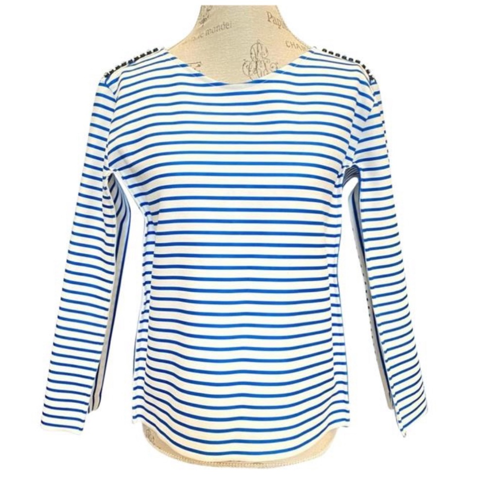 Maje white blue stripe rhinestone row shoulder detail long sleeve sweater top - Picture 1 of 14
